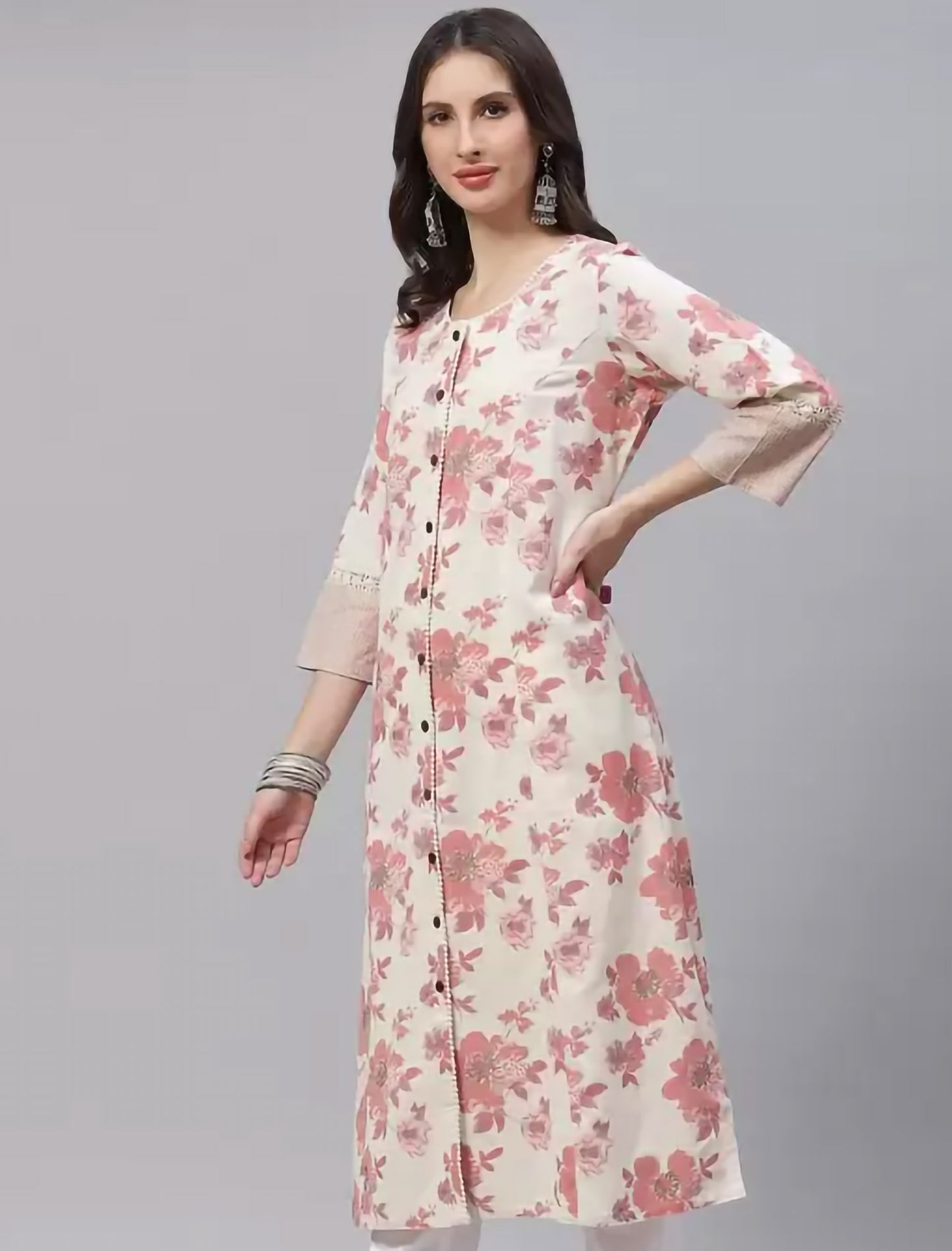 Cream Floral Printed A-line Ethnic Kurta For Women