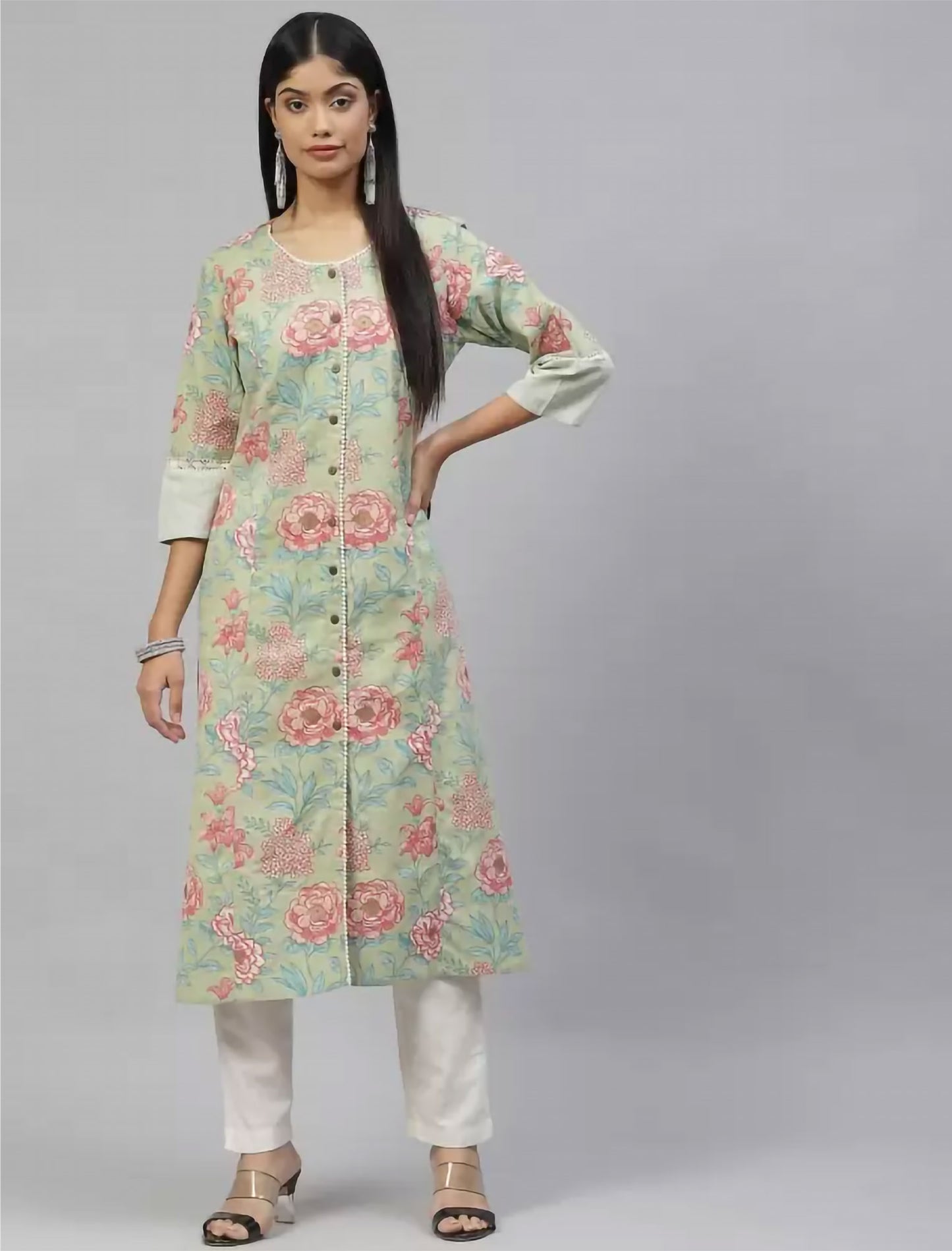 Green Printed Cotton A-line Ethnic Kurta For Women