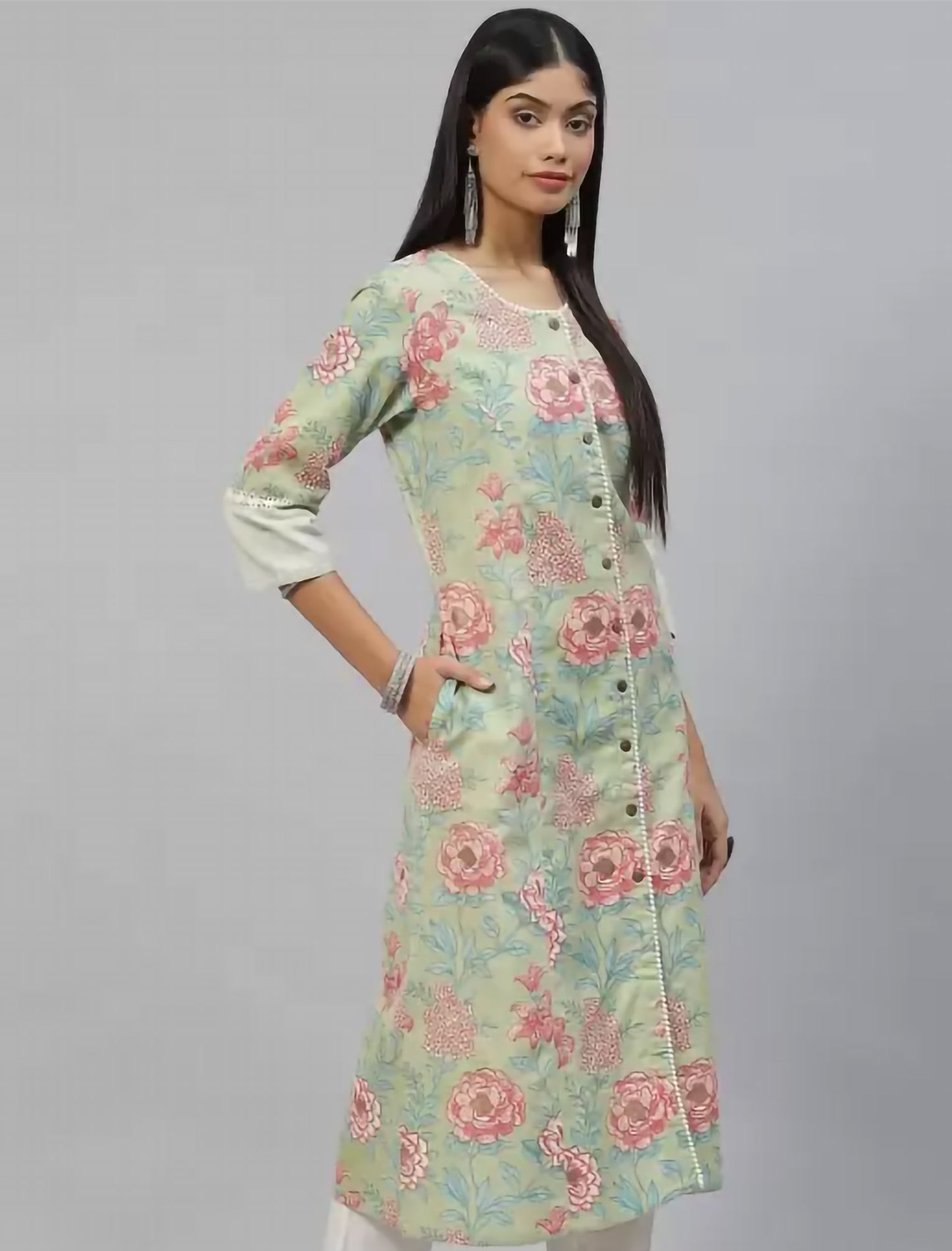 Green Printed Cotton A-line Ethnic Kurta For Women