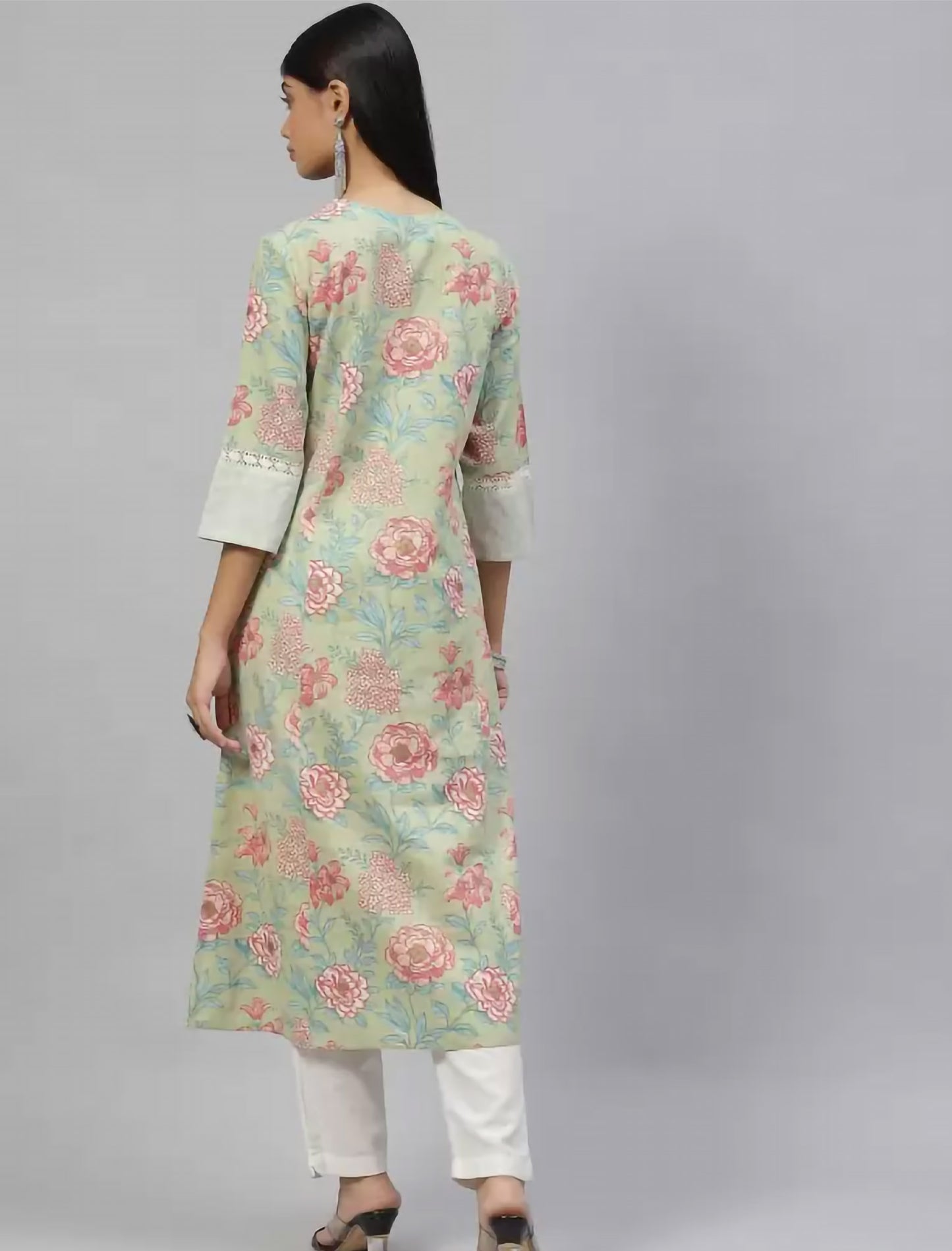 Green Printed Cotton A-line Ethnic Kurta For Women