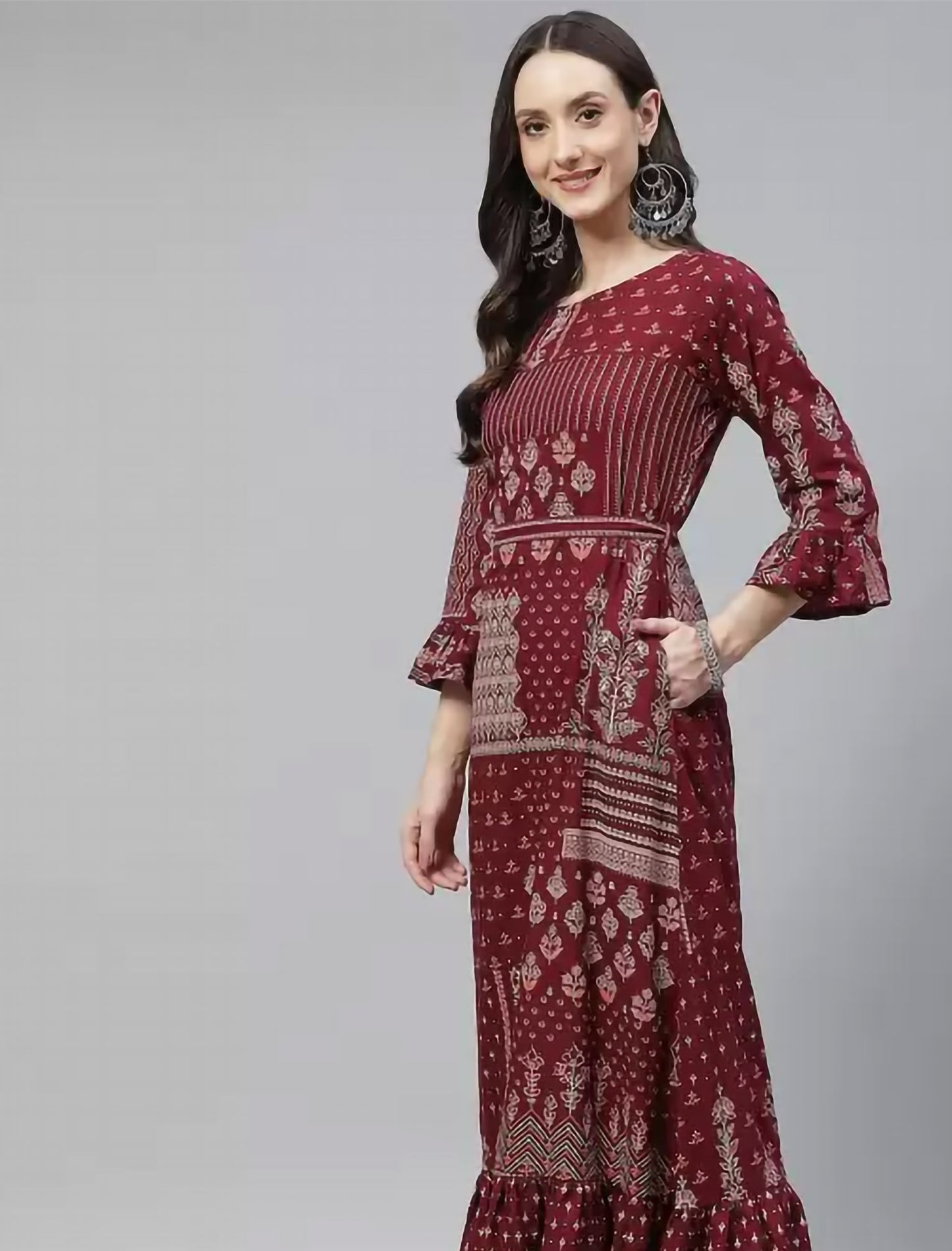 Maroon Ethnic Motifs Printed Kurta For Women