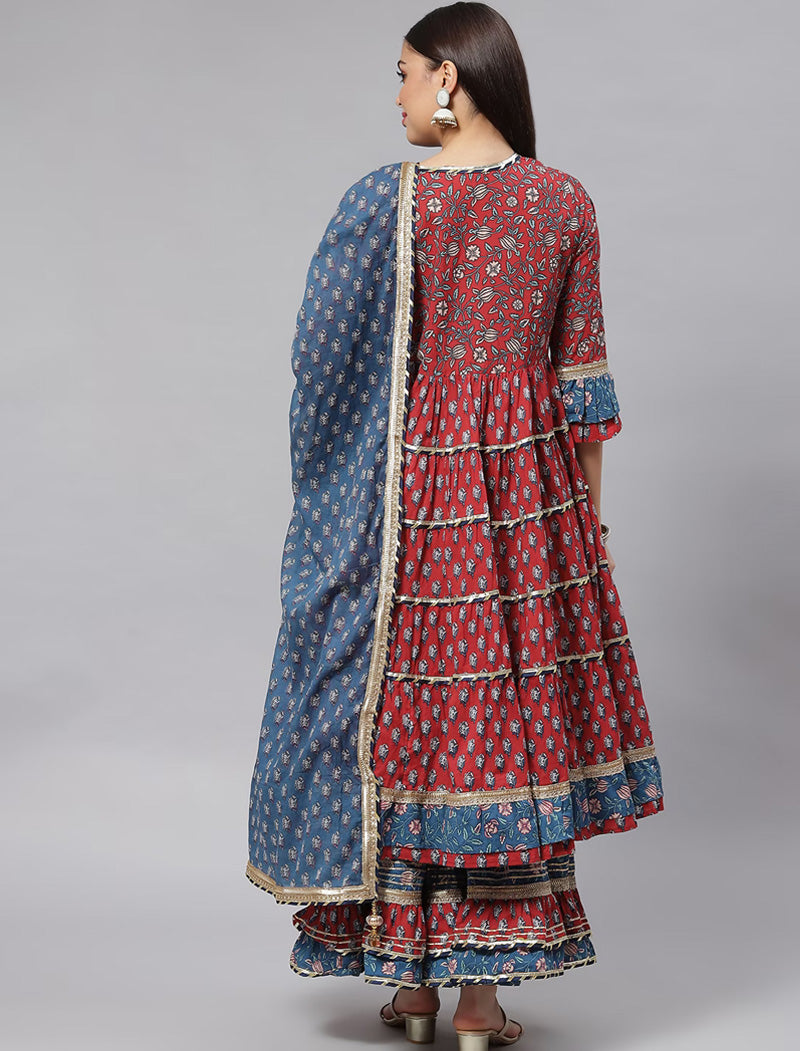 Ethnic Maroon & Blue Anarkali Kurta Sharara Set with Dupatta