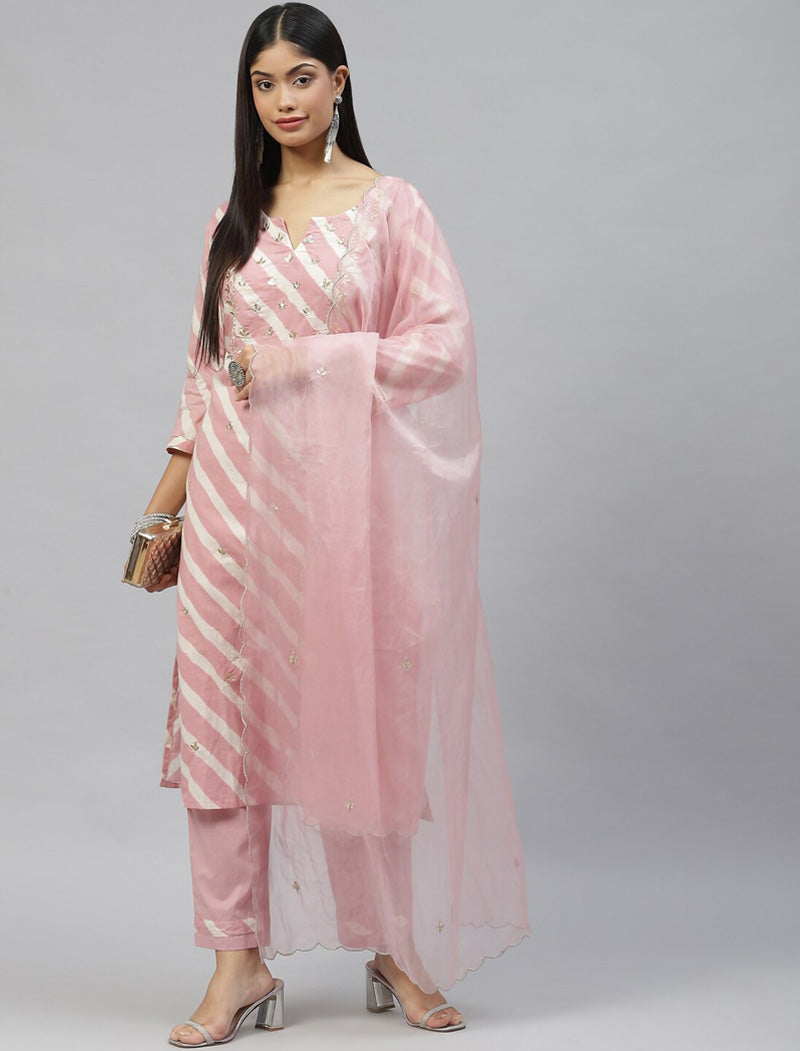 Ethnic Light Pink Leheriya Cotton Kurta Pant Set With Organza Dupatta