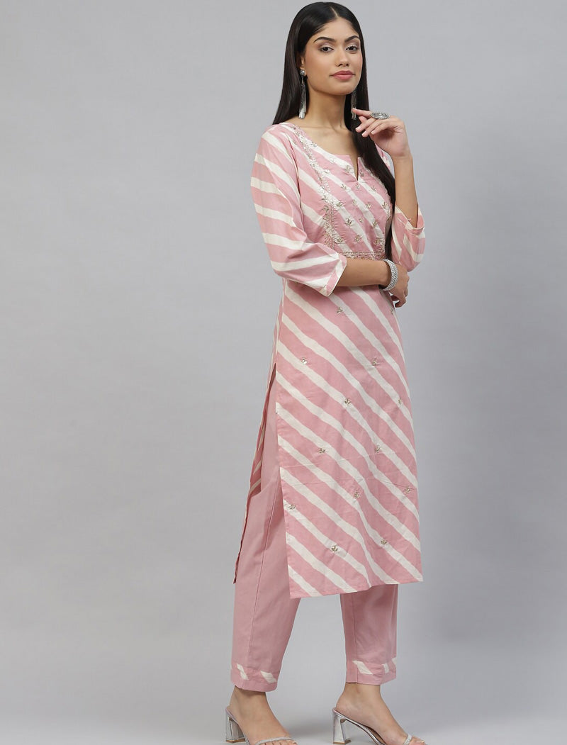Ethnic Light Pink Leheriya Cotton Kurta Pant Set With Organza Dupatta