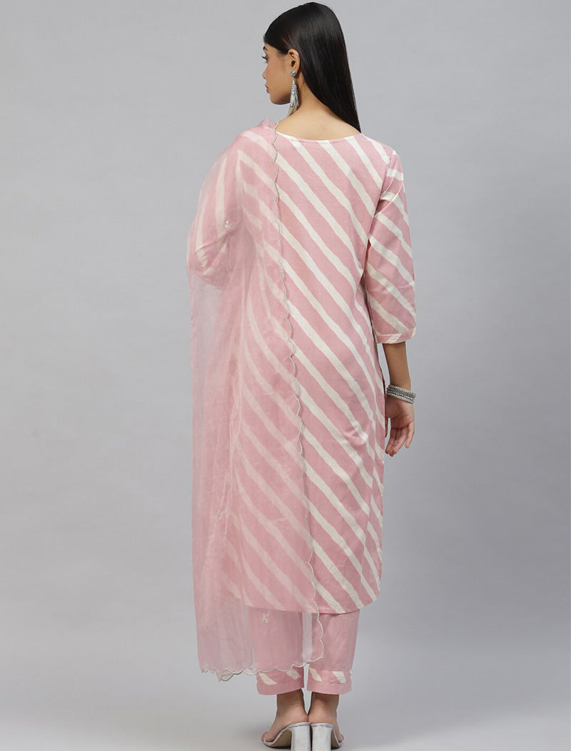 Ethnic Light Pink Leheriya Cotton Kurta Pant Set With Organza Dupatta