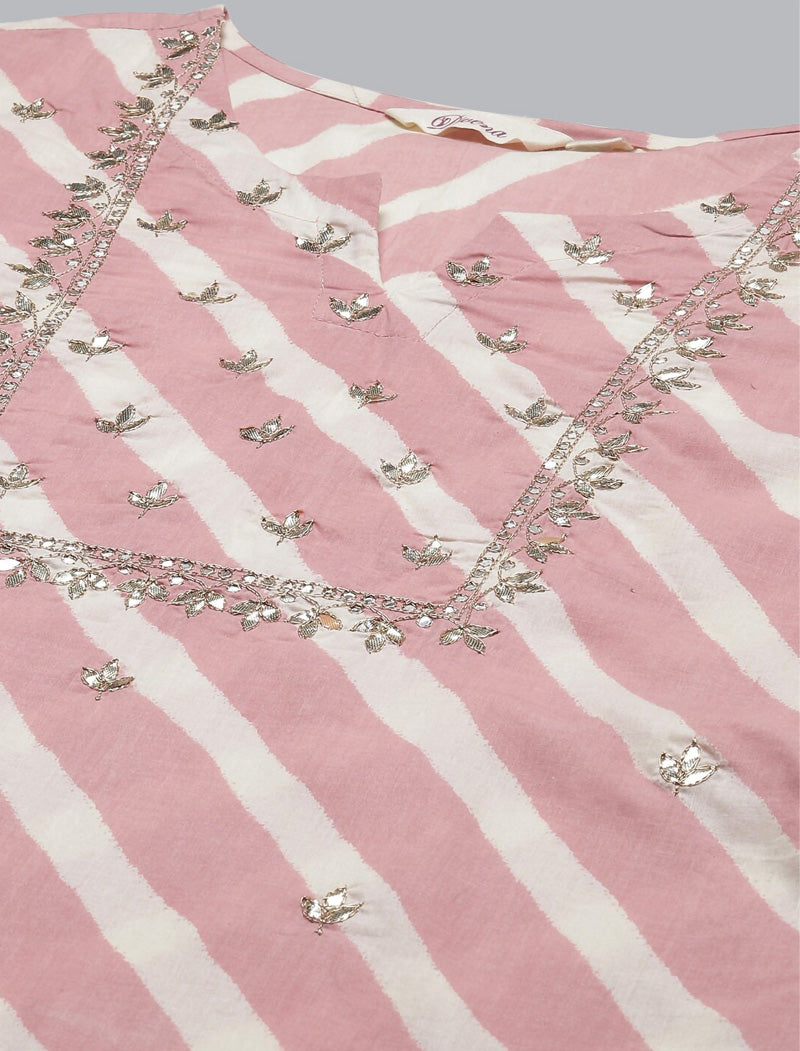 Ethnic Light Pink Leheriya Cotton Kurta Pant Set With Organza Dupatta