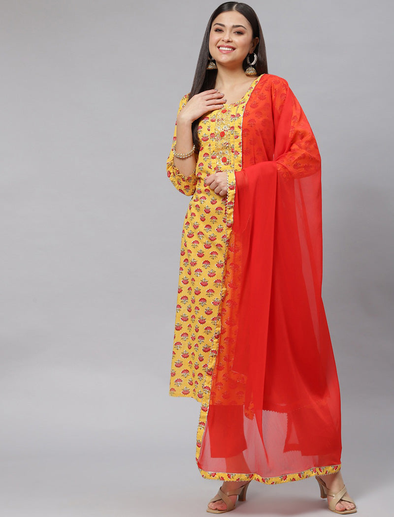Yellow Ethnic Floral Cotton Kurta Pant Set with Dupatta