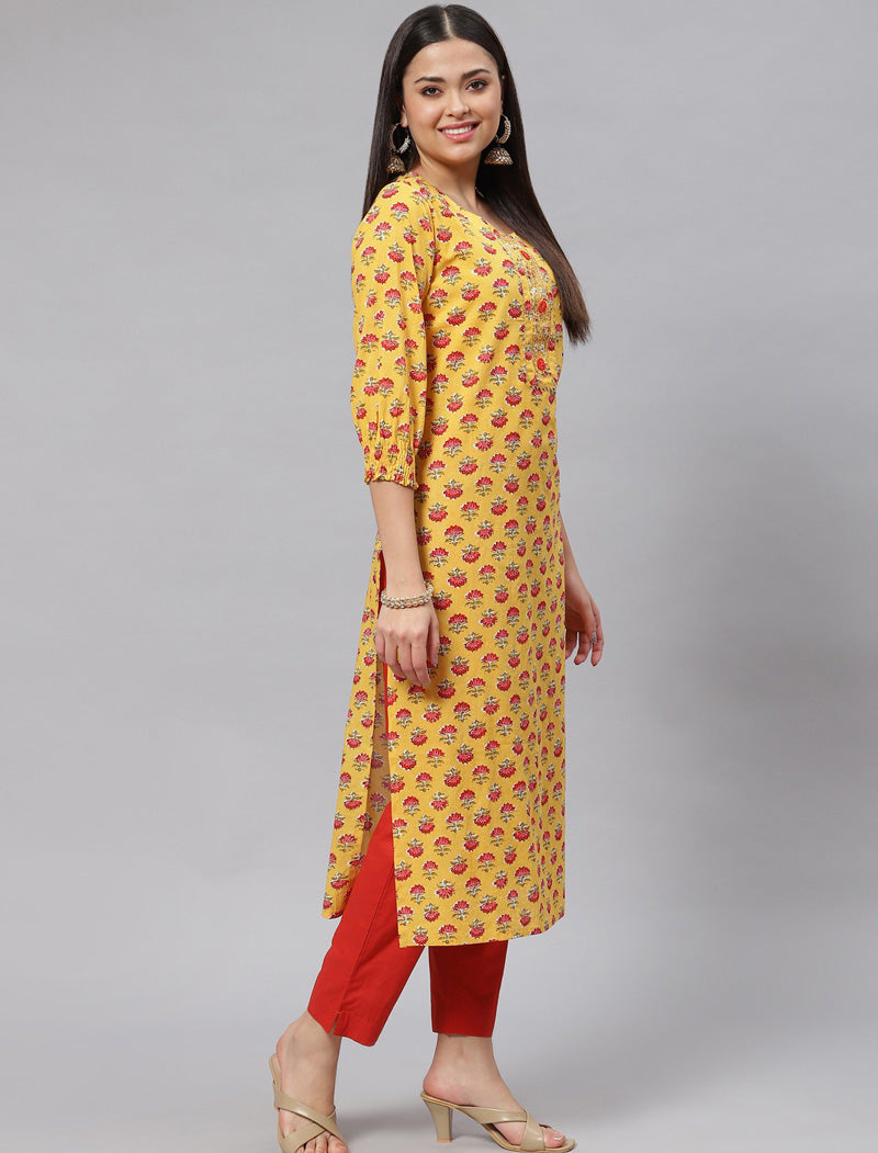Yellow Ethnic Floral Cotton Kurta Pant Set with Dupatta