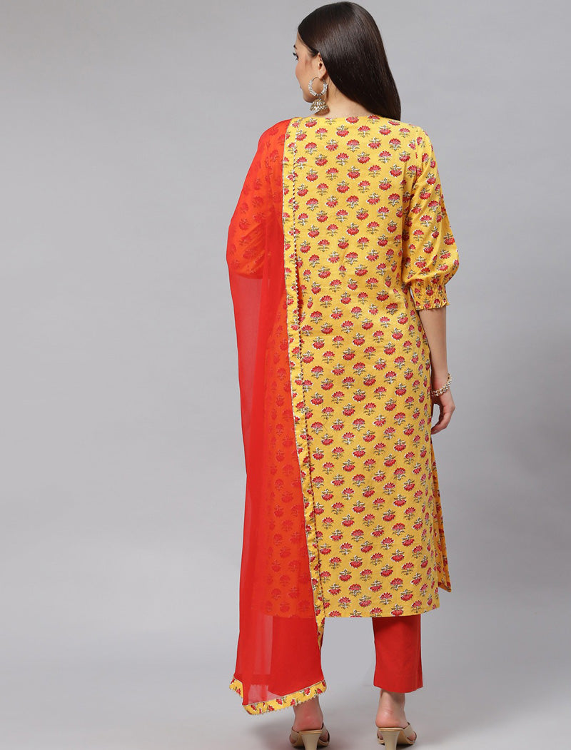Yellow Ethnic Floral Cotton Kurta Pant Set with Dupatta