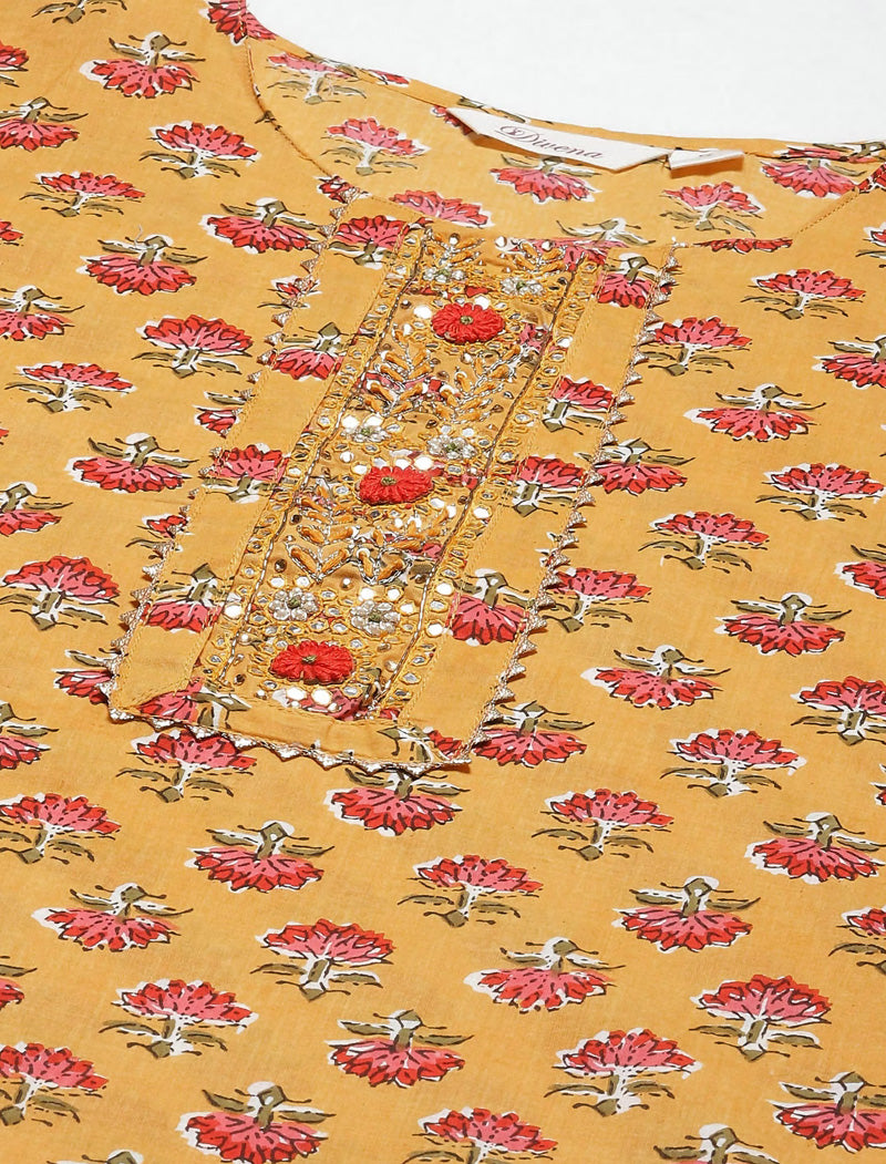Yellow Ethnic Floral Cotton Kurta Pant Set with Dupatta