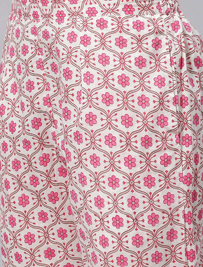Pink Floral Ethnic Pure Cotton Kurta Sets with Trousers & Dupatta