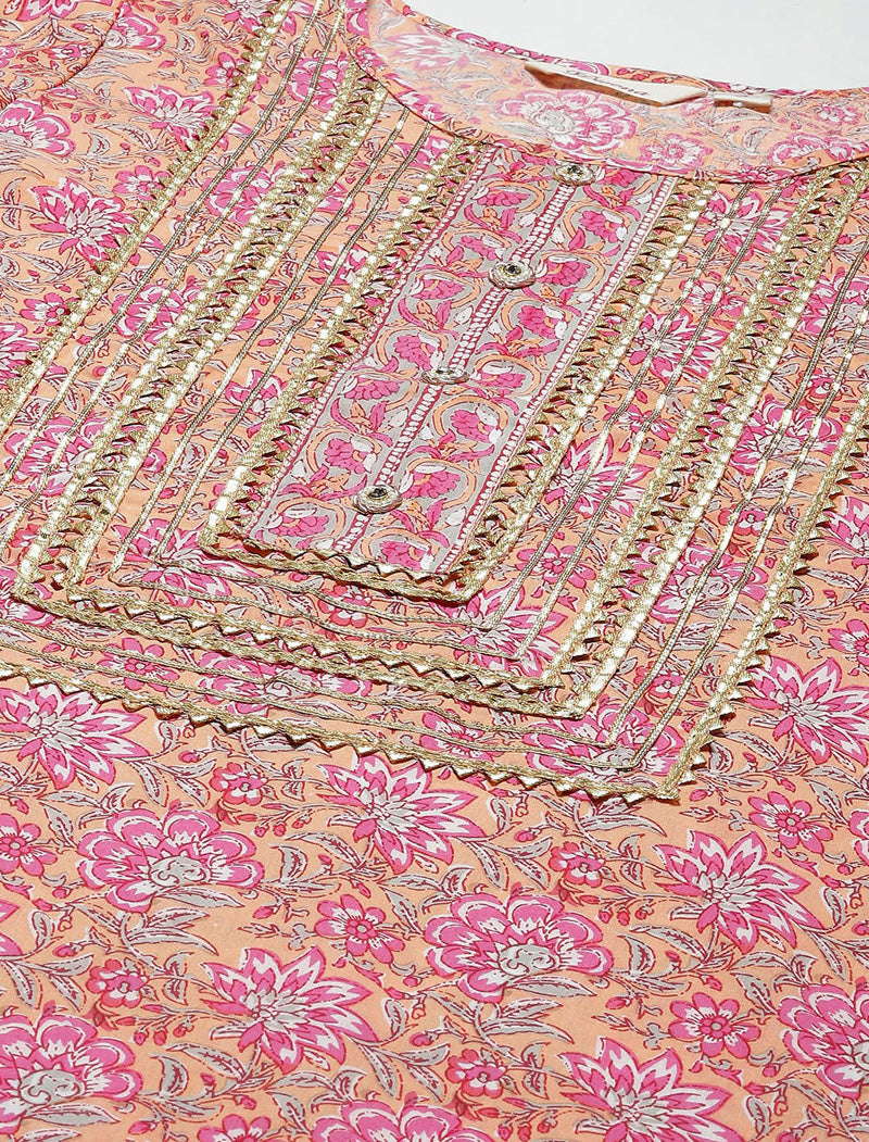 Pink Floral Ethnic Pure Cotton Kurta Sets with Trousers & Dupatta