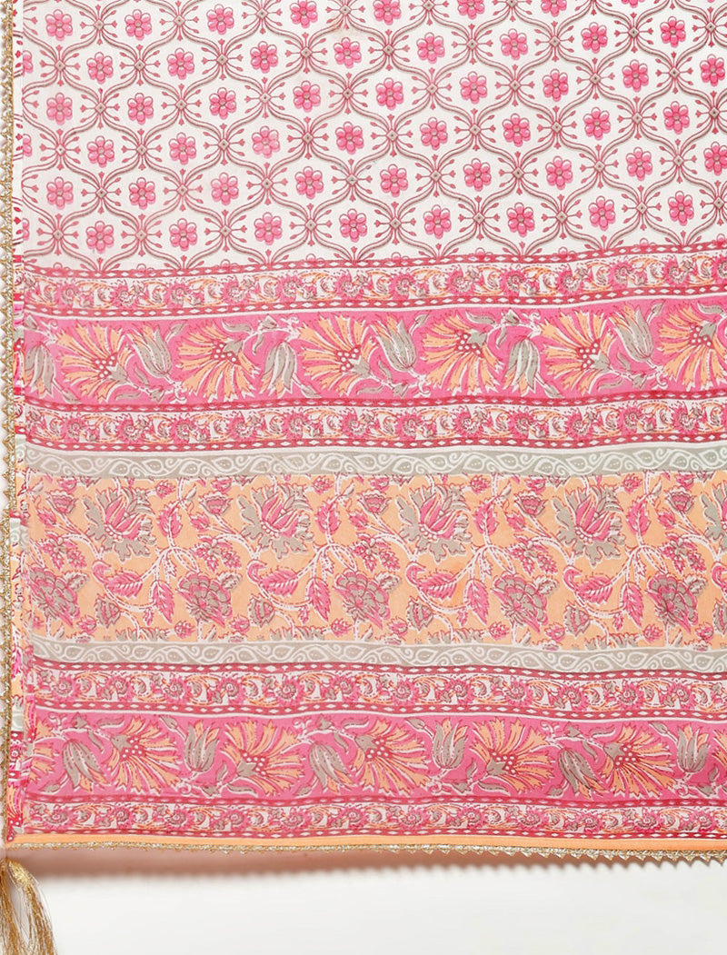 Pink Floral Ethnic Pure Cotton Kurta Sets with Trousers & Dupatta