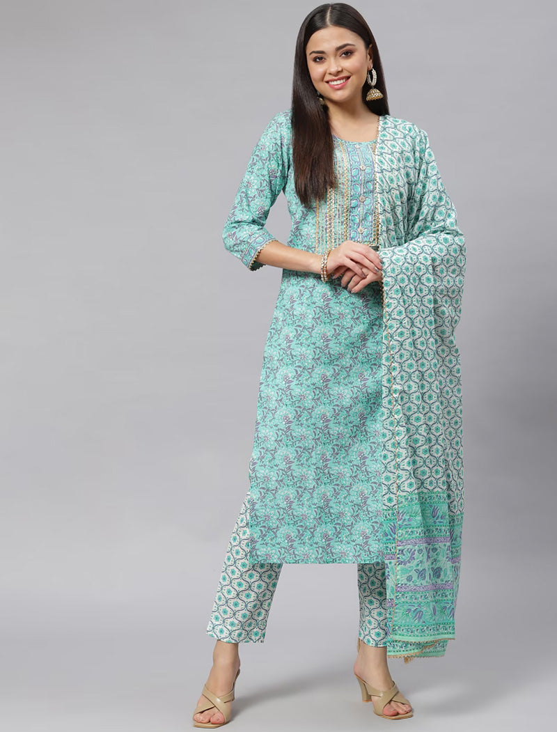 Sea Green Ethnic Pure Cotton Kurta Pant Sets