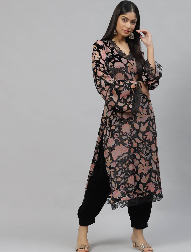 Black Floral Printed Velvet Kurta with Harem Pant & Dupatta Kurta Sets For Women
