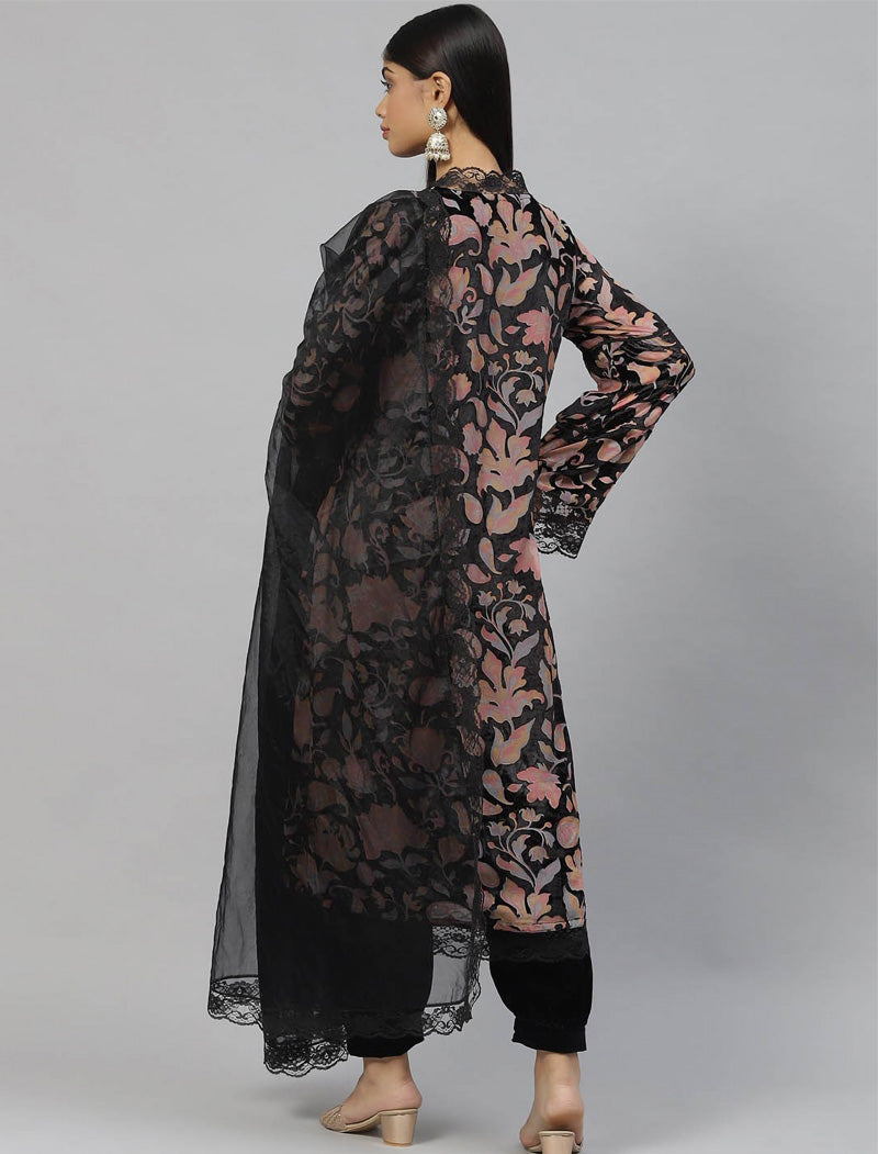 Black Floral Printed Velvet Kurta with Harem Pant & Dupatta Kurta Sets For Women
