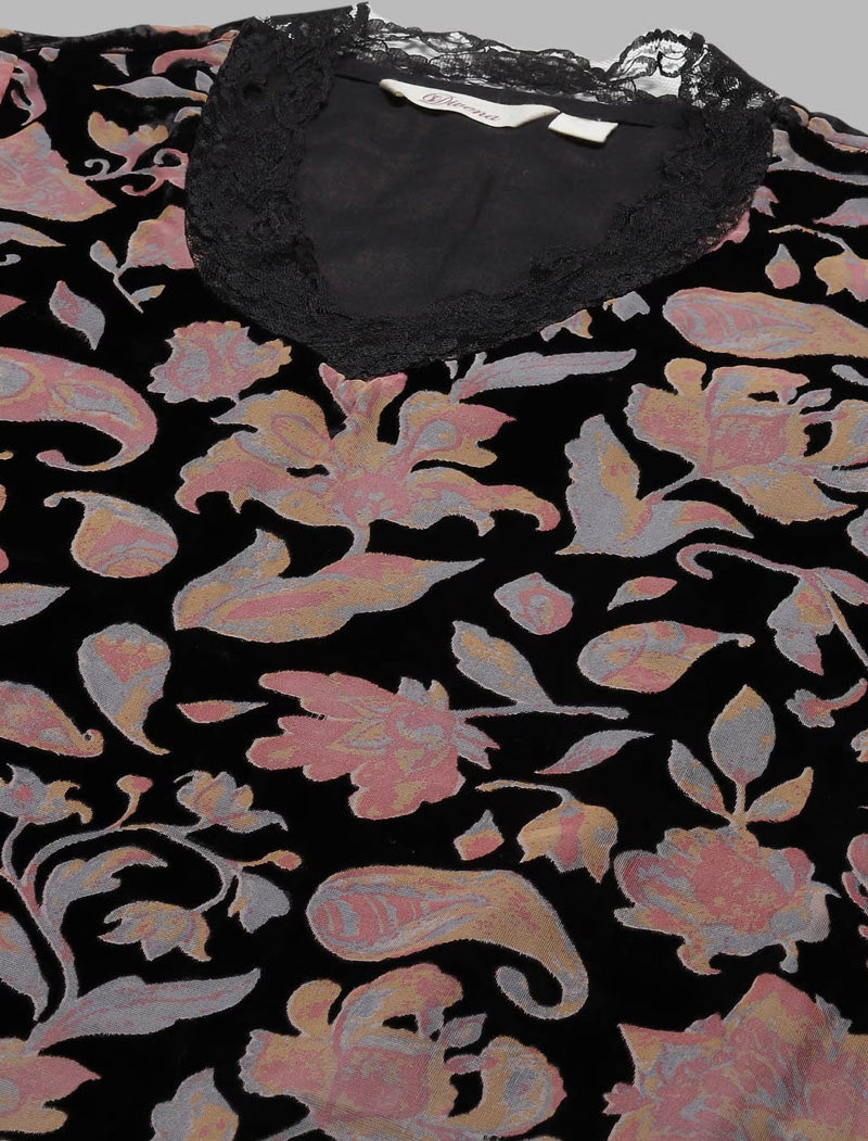 Black Floral Printed Velvet Kurta with Harem Pant & Dupatta Kurta Sets For Women