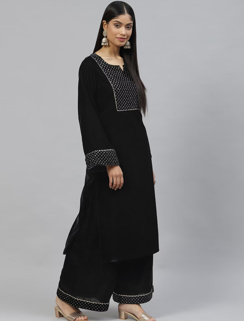 Ethnic Women Black Yoke Design Velvet Kurta Pant with Dupatta