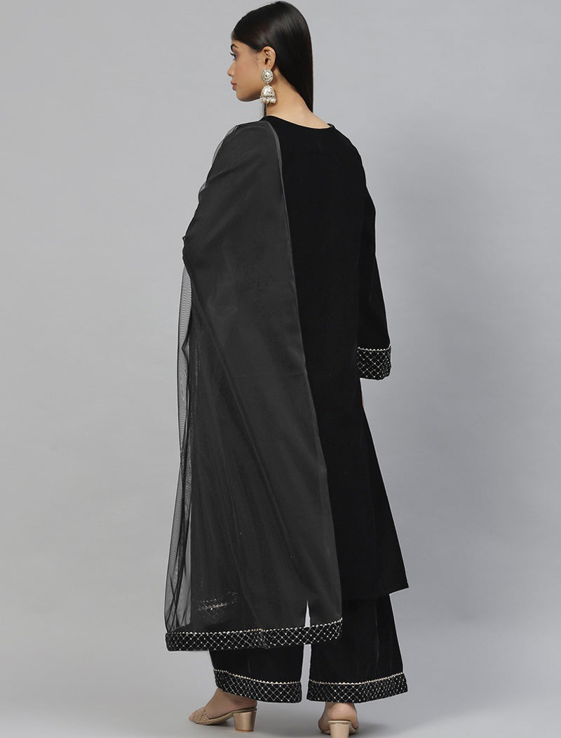 Ethnic Women Black Yoke Design Velvet Kurta Pant with Dupatta