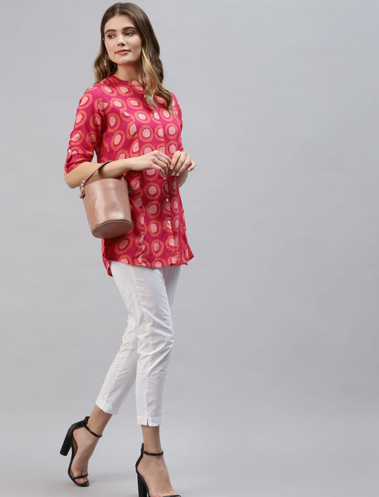 Pink Print Mandarin Collar Roll-Up Sleeves Shirt Style Divena Top For Women