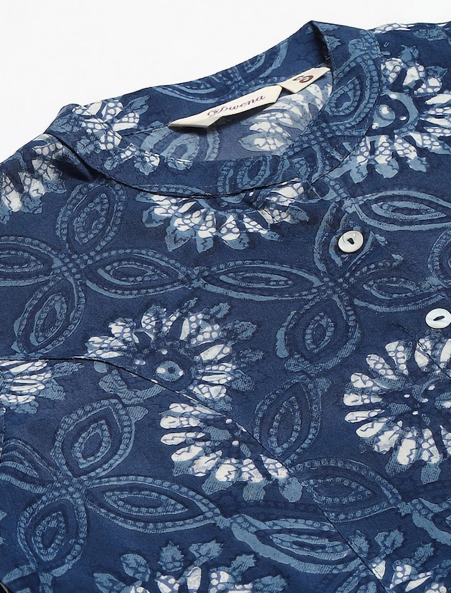 Blue Floral Print Mandarin Collar Roll-Up Sleeves Shirt Style Divena Top For Women