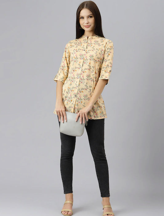 Beige Floral Print Mandarin Collar Roll-Up Sleeves Shirt Style Divena Top For Women