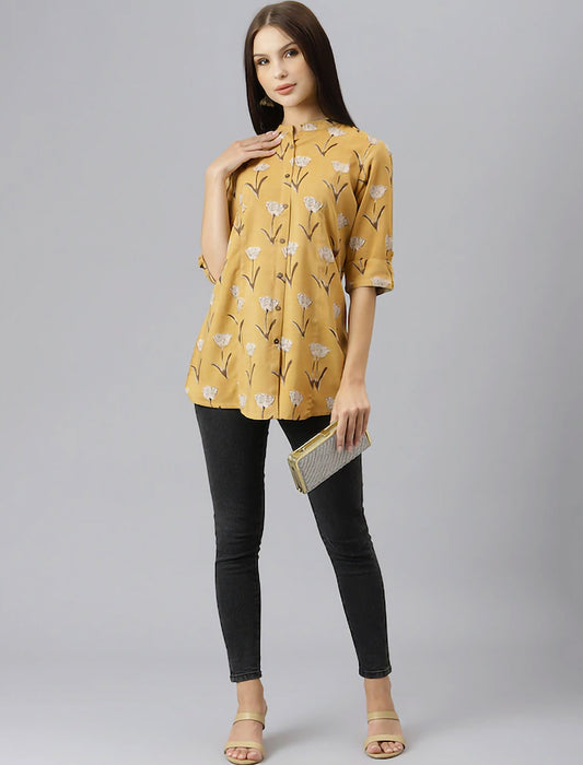Mustard Yellow Floral Print Mandarin Collar Roll-Up Sleeves Shirt Style Divena Top For Women