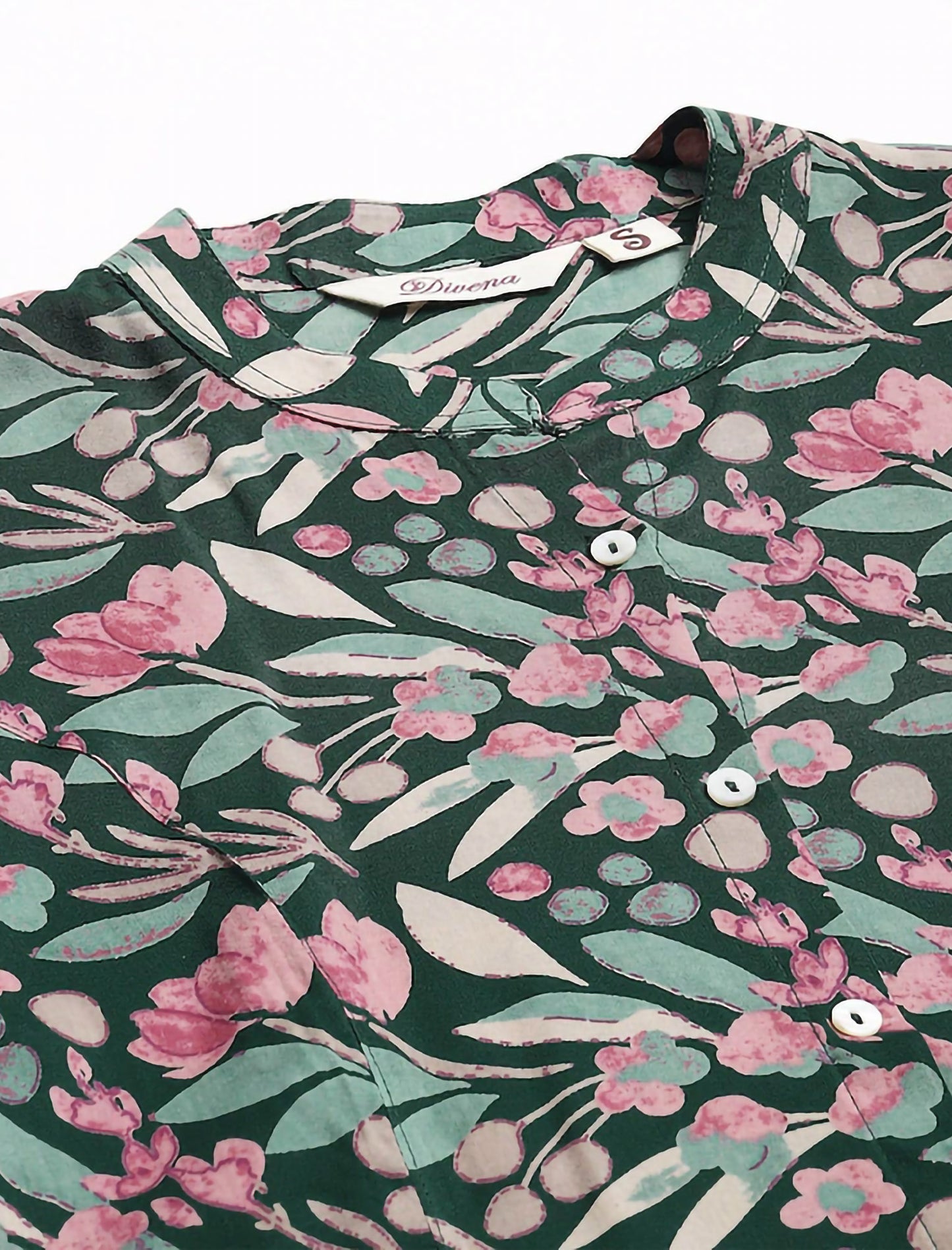 Green & Pink Floral Print Mandarin Collar Roll-Up Sleeves Shirt Style Divena Top For Women