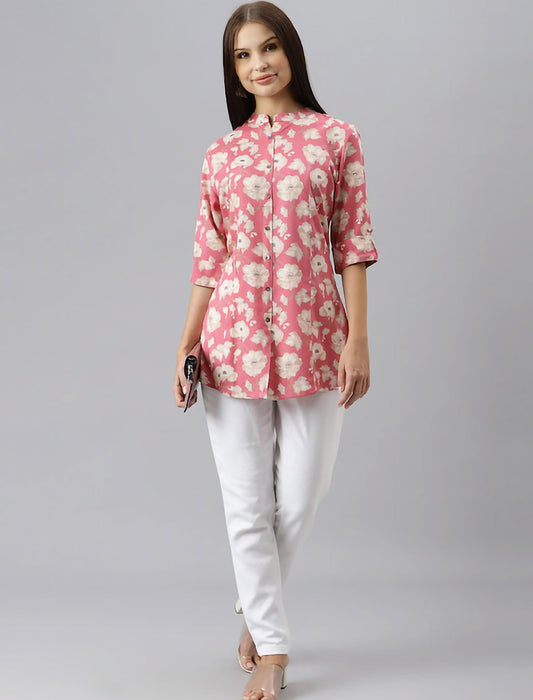 Pink & White Floral Print Mandarin Collar Roll-Up Sleeves Shirt Style Divena Top For Women