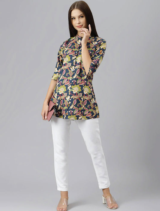 Navy Blue & Pink Floral Print Mandarin Collar Roll-Up Sleeves Shirt Style Divena Top For Women