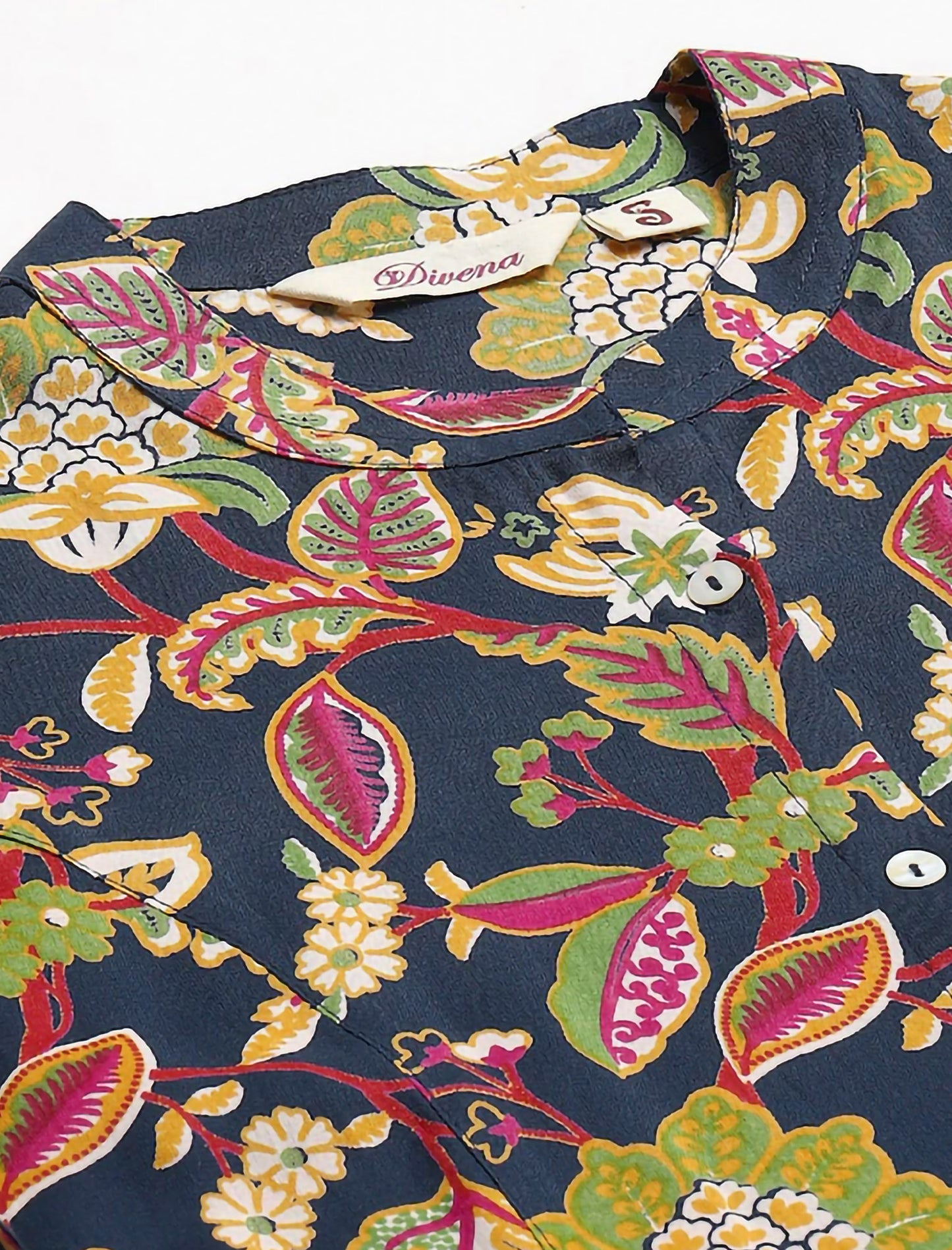 Navy Blue & Pink Floral Print Mandarin Collar Roll-Up Sleeves Shirt Style Divena Top For Women