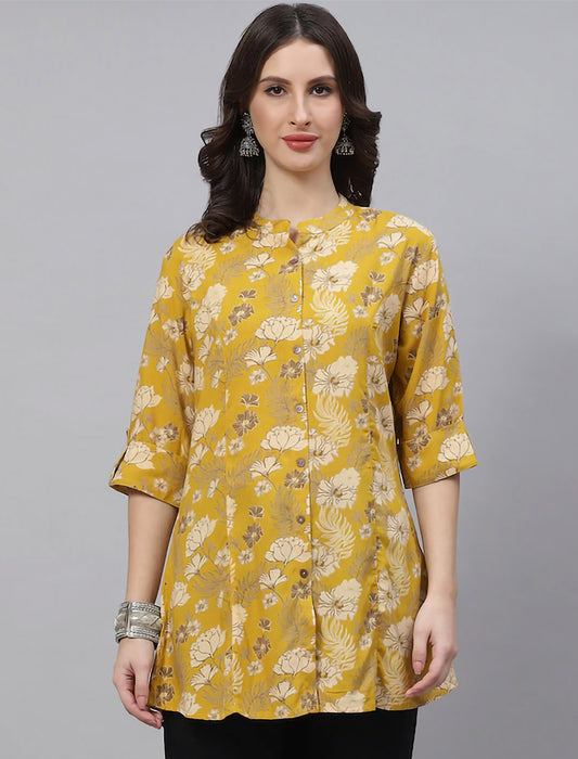 Mustard Yellow & Beige Floral Print Roll-Up Sleeves Shirt Style Divena Top For Women