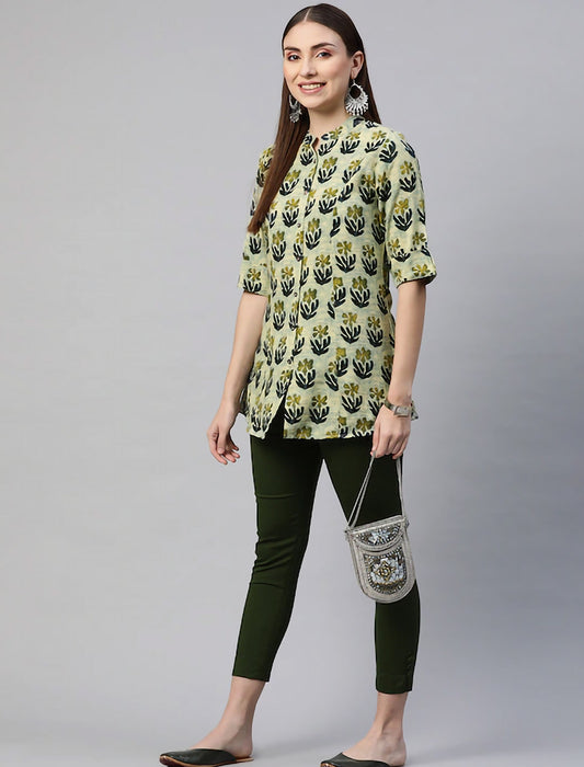 Green & Blue Floral Print Mandarin Collar Roll-Up Sleeves Shirt Style Top