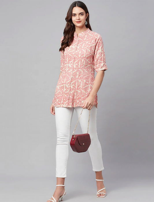 Pink & Off White Tropical Print Mandarin Collar Roll-Up Sleeves Shirt Style Divena Top For Women