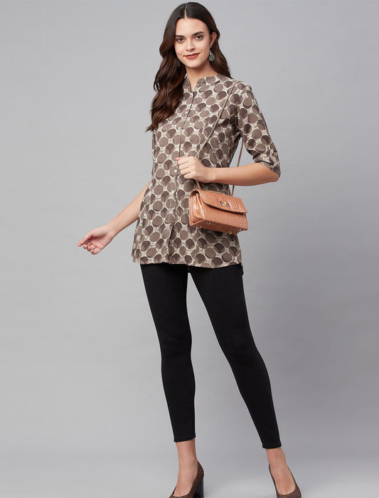Brown & Beige Geometric Print Mandarin Collar Roll-Up Sleeves Shirt Divena Top For Women