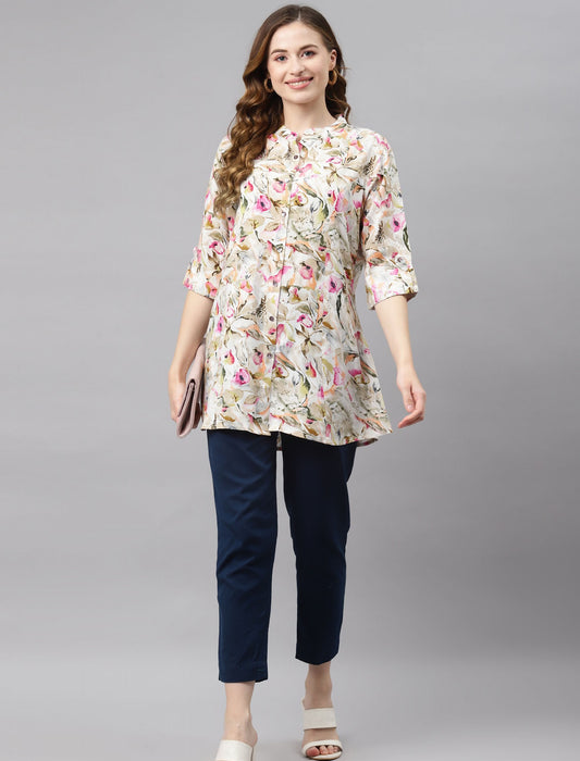 Buy Divena Off White & Green Floral Print Mandarin Collar Roll-Up Sleeves A-Line Top