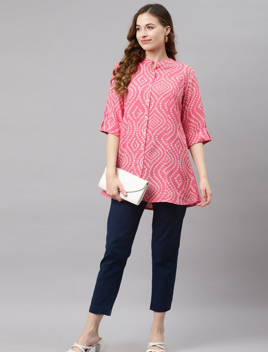 Pink & White Bandhani Print Mandarin Collar A-Line Divena Top For Women
