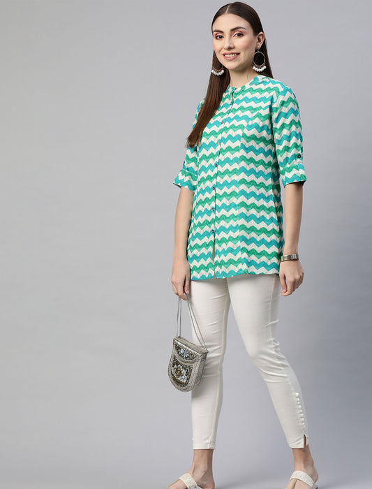 White & Blue Geometric Print Mandarin Collar Roll-Up Sleeves Shirt Style Divena Top For Women