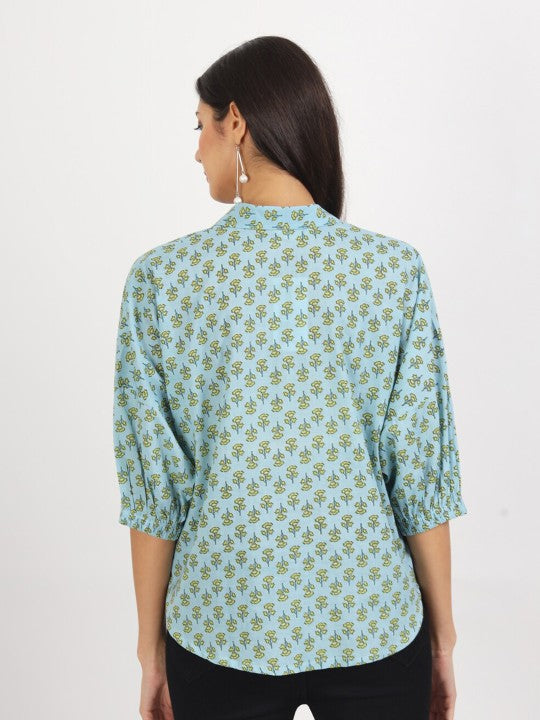 Ethnic Sky Blue Floral Printed Pure Cotton Casual Tops