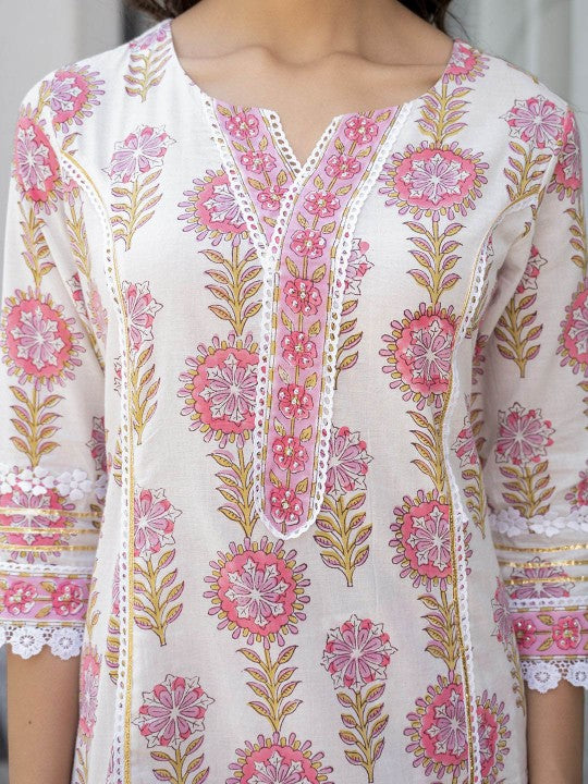 Ethnic White Floral Print Pure Cotton Kurta Sharara Set for Women