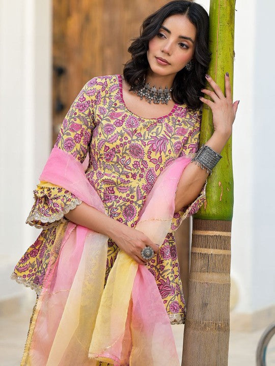 Yellow Floral Print Cotton Ethnic Kurta Sharara Set For Women