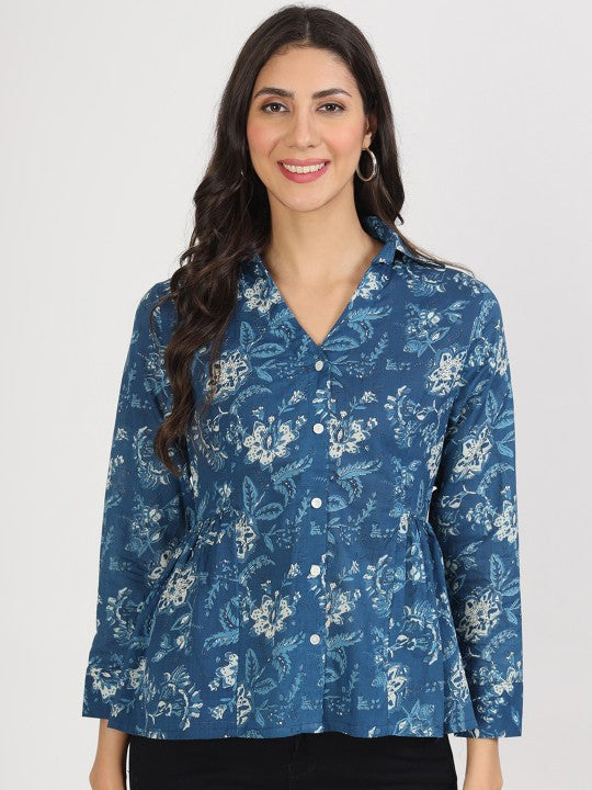 Indigo Blue Ethnic Cotton Shirt Style Casual Top