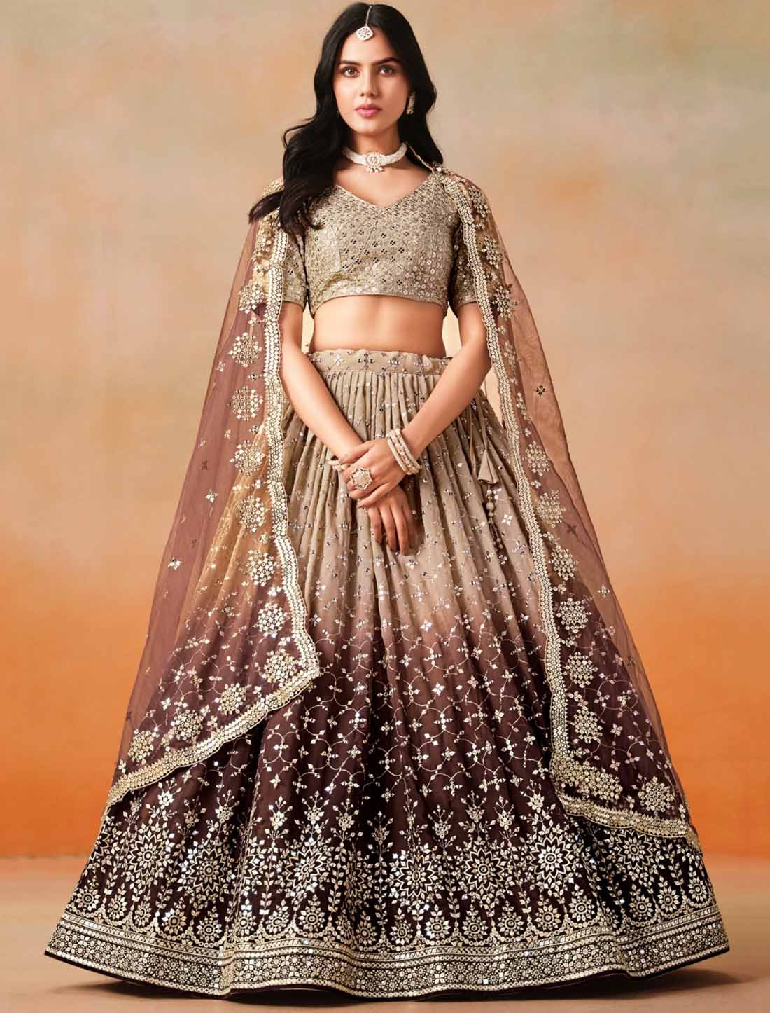 Brown Georgette Designer Sequins Zari Embroidered Ethnic Lehenga Choli