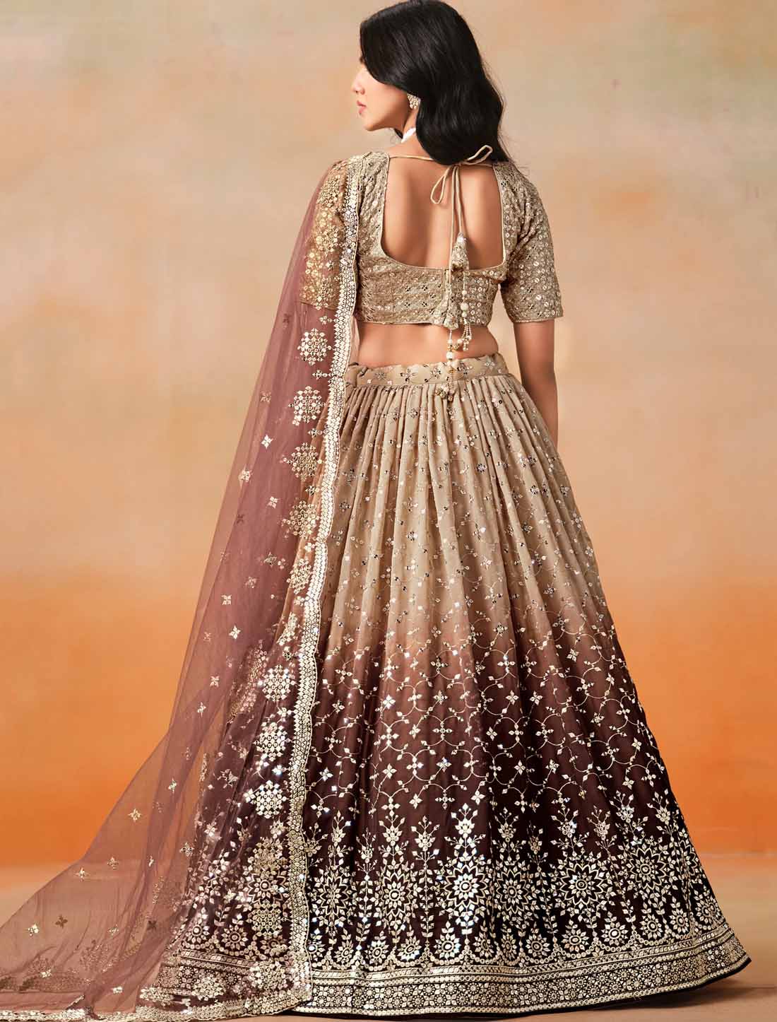 Brown Georgette Designer Sequins Zari Embroidered Ethnic Lehenga Choli