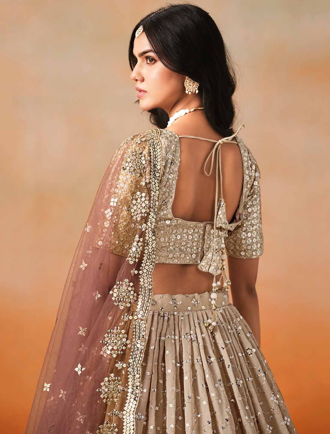 Brown Georgette Designer Sequins Zari Embroidered Ethnic Lehenga Choli