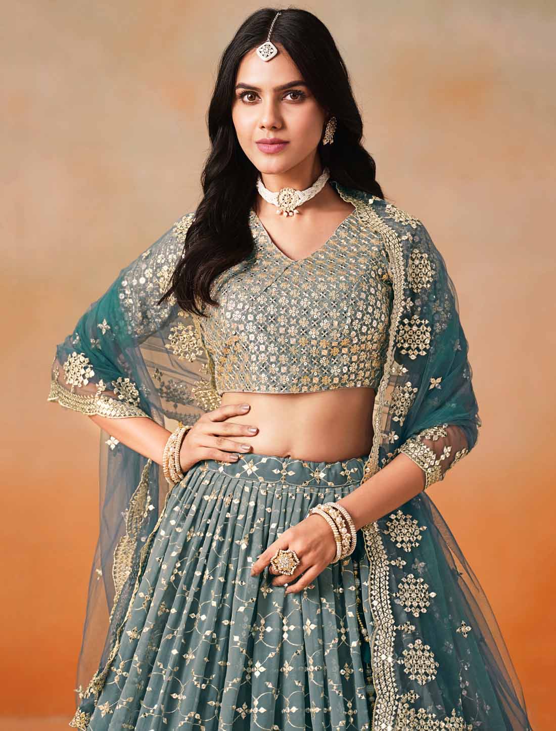 Blue Georgette Sequins Zari Embroidered Ethnic Lehenga Choli