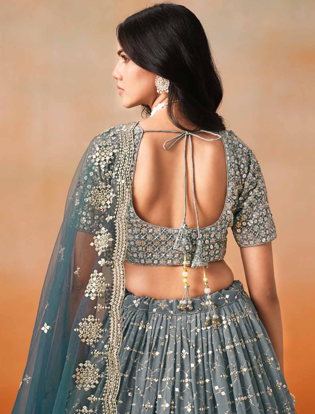 Blue Georgette Sequins Zari Embroidered Ethnic Lehenga Choli