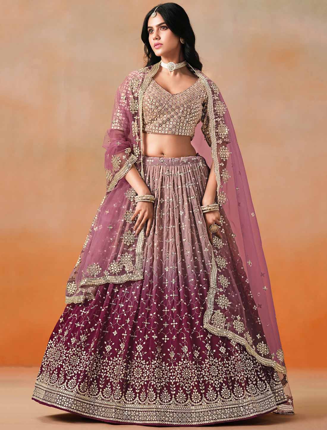 Maroon Designer Georgette Sequis Zari Embroidered Ethnic Lehenga Choli