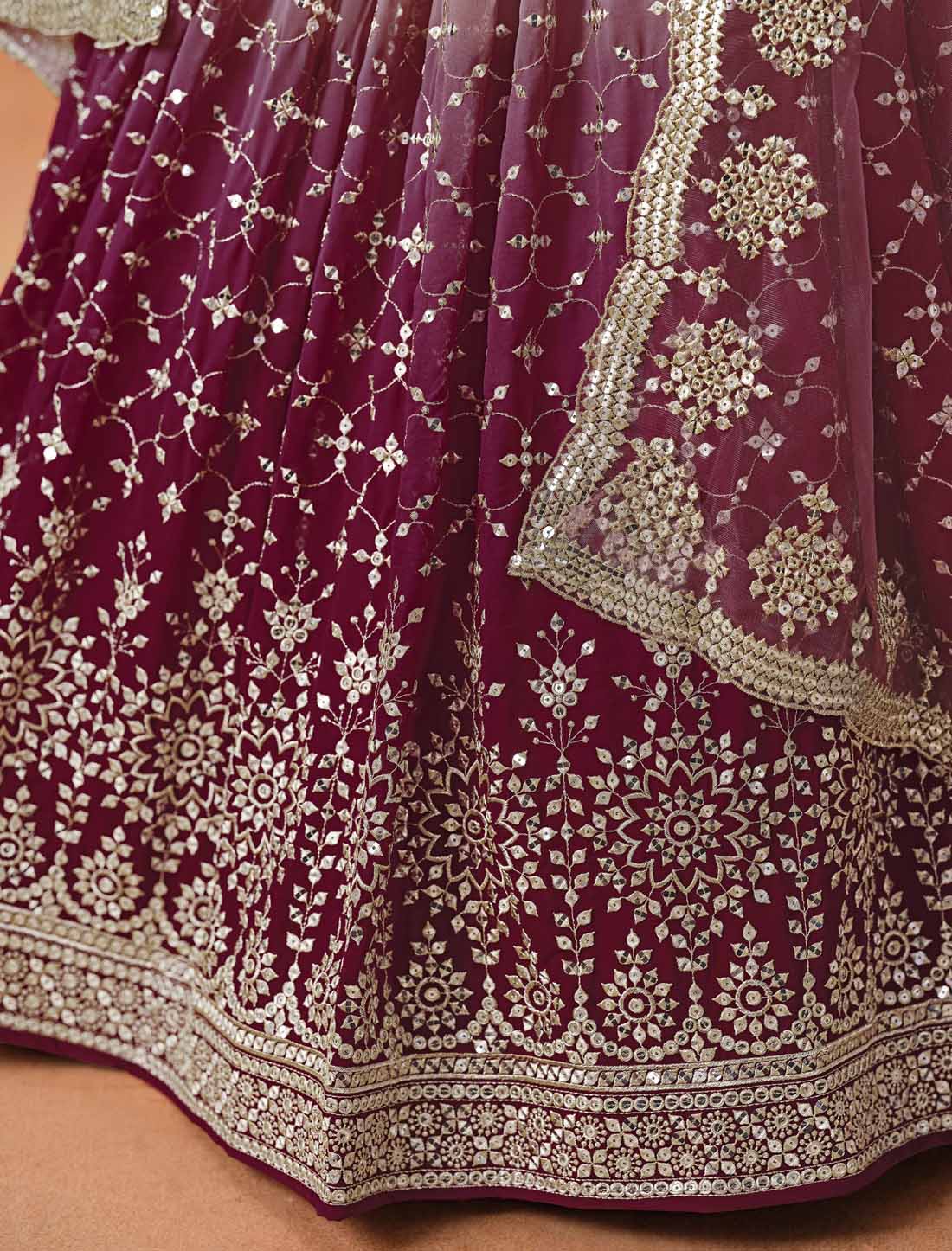 Maroon Designer Georgette Sequis Zari Embroidered Ethnic Lehenga Choli