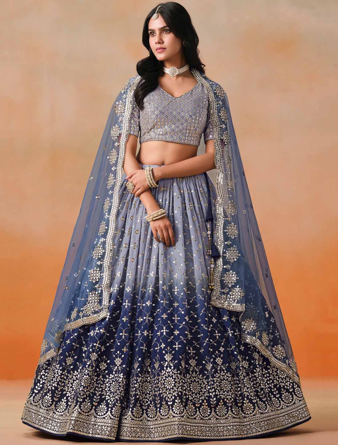 Navy Blue Designer Georgette Sequins Zari Embroidered Ethnic Lehenga Choli